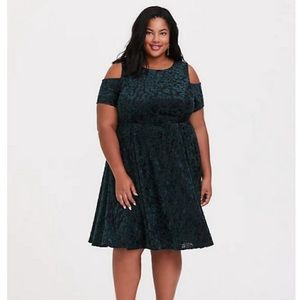 Green Velvet Burnout Cold Shoulder Skater Dress